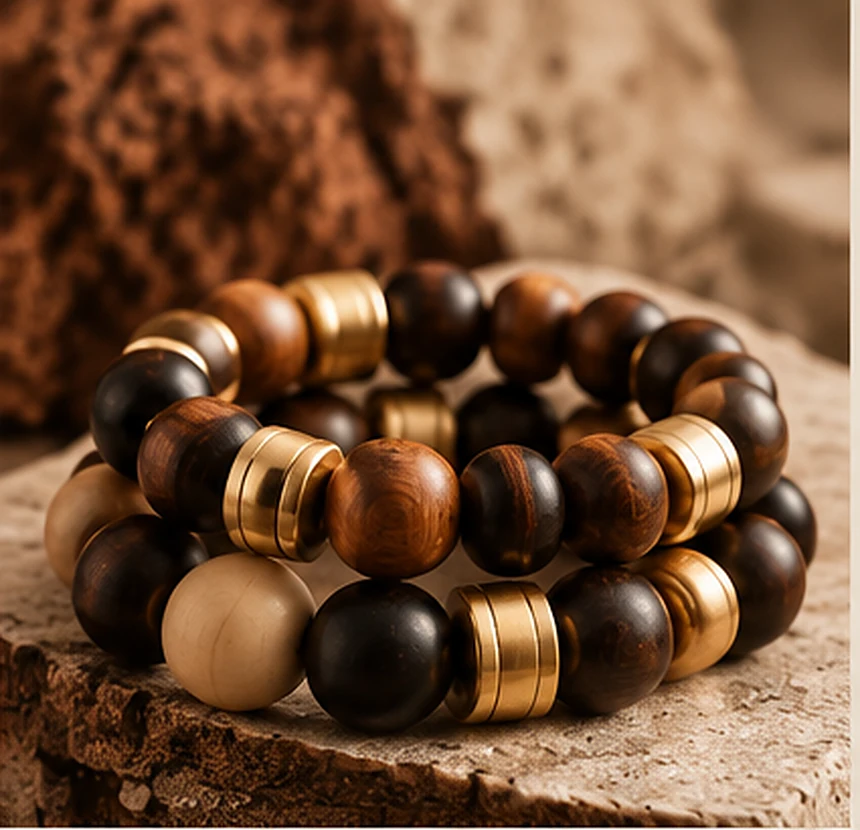 Natural wooden bead bracelets with subtle gold details