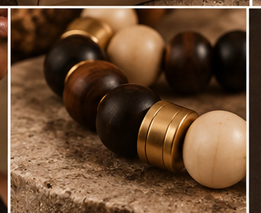 Close-up of wooden beads in different earthy tones and finishes