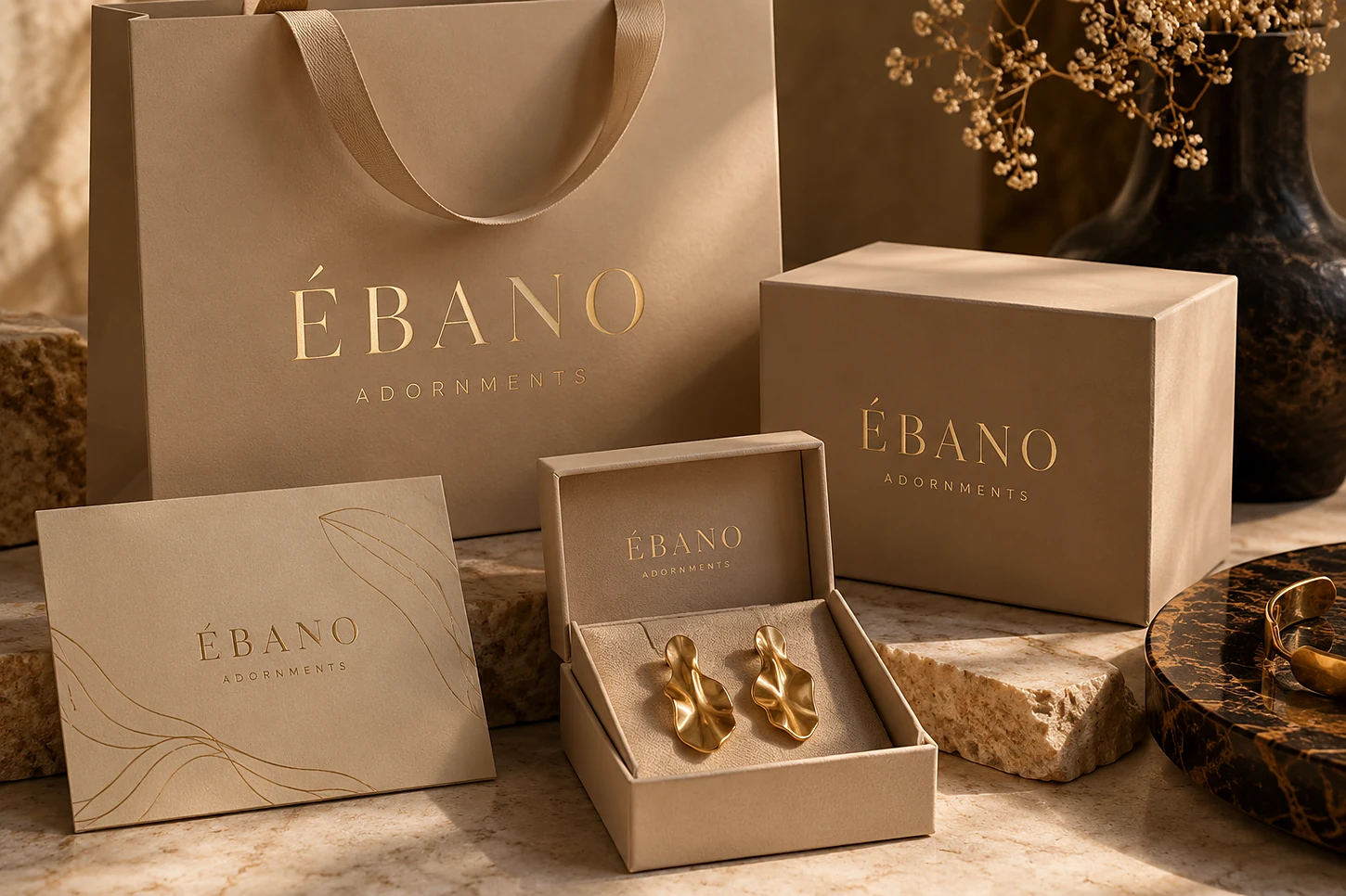ÉBANO-inspired packaging, elegant earrings and natural material palette